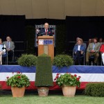 Dick Enberg speaks after receiving the Ford C. Frick Award during a ceremony at Doubleday Field on Saturday, July 25, 2015, in Cooperstown, N.Y. (AP Photo/Mike Groll)
