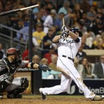 San Diego Padres' Cory Spangenberg splits his bat while hitting a slow roller that he beat out for a single in the fifth inning of a baseball game against the Arizona Diamondbacks on Friday, June 26, 2015, in San Diego. (AP Photo/Lenny Ignelzi)
