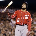 Washington Nationals' Anthony Rendon flips his bat after striking out in the fourth inning against the San Francisco Giants during Game 4 of baseball's NL Division Series in San Francisco, Tuesday, Oct. 7, 2014. (AP Photo/Ben Margot)