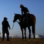 Assistant trainer Alan Sherman, left, stands Kentucky Derby winner California Chrome, with exercise rider Willie Delgado aboard, before an early morning workout at Pimlico Race Course in Baltimore, Saturday, May 17, 2014, on the morning of the 139th running of the Preakness Stakes horse race. (AP Photo/Patrick Semansky)