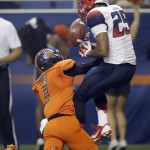 UTSA's Triston Wade (7) breaks up a pass in the end zone intended for Arizona's Austin Hill (29) during the first half of an NCAA college football game, Thursday, Sept. 4, 2014, in San Antonio. (AP Photo/Eric Gay)