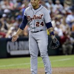 Detroit Tigers' Miguel Cabrera playfully looks to home plate during the first inning of a baseball game against the Arizona Diamondbacks, Monday, July 21, 2014, in Phoenix. (AP Photo/Matt York)