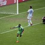  Nigeria's Ahmed Musa, front, celebrates after scoring his side's 2nd goal during the group F World Cup soccer match between Nigeria and Argentina at the Estadio Beira-Rio in Porto Alegre, Brazil, Wednesday, June 25, 2014. (AP Photo/Michael Sohn)