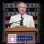 Tom Gage speaks after receiving the J.G. Taylor Spink Award during a ceremony at Doubleday Field on Saturday, July 25, 2015, in Cooperstown, N.Y. (AP Photo/Mike Groll)
