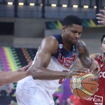Rudy Gay of the U.S. center, vies for the ball over Mexico's Jorge Gutuierrez, right, during Basketball World Cup Round of 16 match between United States and Mexico at the Palau Sant Jordi in Barcelona, Spain, Saturday, Sept. 6, 2014. The 2014 Basketball World Cup competition will take place in various cities in Spain from Aug. 30 through to Sept. 14. (AP Photo/Manu Fernandez)
