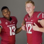 Washington State linebacker Darryl Monroe, left, and quarterback Connor Halliday pose for photos at the 2014 Pac-12 NCAA college football media days at Paramount Studios in Los Angeles Wednesday, July 23, 2014. (AP Photo)