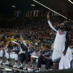 United States's Kenneth Faried, right, cheers his fellow teammates during their match against Finland at the Basketball World Cup in Bilbao, northern Spain, Saturday, Aug. 30, 2014. (AP Photo/Alvaro Barrientos)