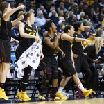 Arizona State guard Isidora Purkovic, left to right, Eliza Normen, Deja Mann, Adrianne Thomas and guard Arnecia Hawkins celebrate after the game against Vanderbilt in a first-round game in the NCAA women's college basketball tournament, Saturday, March 22, 2014, in Toledo, Ohio. Arizona defeated Vanderbilt 69-61. (AP Photo/Rick Osentoski)