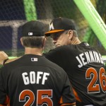 Dan Jennings, the new Miami Marlins new manager, talks to his new bench coach Mike Goff before their first baseball game against the Arizona Diamondbacks, Monday May 18, 2015 in Miami. Jennings replaces Mike Redmond, who was fired Sunday after the Marlins were nearly no-hit in a 6-0 loss to Atlanta that completed a three-game sweep. The defeat dropped Miami to 16-22. (AP Photo/J Pat Carter)