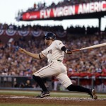 San Francisco Giants Hunter Pence singles in the first inning against the Washington Nationals during Game 4 of baseball's NL Division Series in San Francisco, Tuesday, Oct. 7, 2014. (AP Photo/Ben Margot)