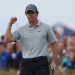 Rory McIlroy of Northern Ireland celebrates after playing an eagle on the 16th hole during the third day of the British Open Golf championship at the Royal Liverpool golf club, Hoylake, England, Saturday July 19, 2014. (AP Photo/Jon Super)