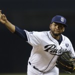  San Diego Padres starting pitcher Odrisamer Despaigne throws to an Arizona Diamondbacks batter during the first inning of a baseball game Tuesday, Sept. 2, 2014, in San Diego. (AP Photo/Gregory Bull)
