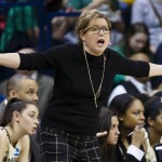 Vanderbilt head coach Melanie Balcomb reacts to a call during the second half against Arizona State in a first-round game at the NCAA women's college basketball tournament, Saturday, March 22, 2014, in Toledo, Ohio. (AP Photo/Rick Osentoski)
