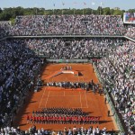 View of center court during the podium ceremony of the men's final of the French Open tennis tournament, won by Switzerland's Stan Wawrinka in four sets, 4-6, 6-4, 6-3, 6-4, against Serbia's Novak Djokovic at the Roland Garros stadium, in Paris, France, Sunday, June 7, 2015. (AP Photo/David Vincent)
