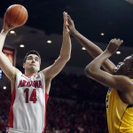 Arizona center Dusan Ristic (14) shoots over California center Kingsley Okoroh during the second half of an NCAA college basketball game, Thursday, March 5, 2015, in Tucson, Ariz. (AP Photo/Rick Scuteri)
