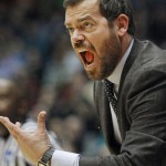 Manhattan coach Steve Masiello yells from the sidelines in the first half of a first-round NCAA tournament basketball game against Hampton Tuesday, March 17, 2015 in Dayton, Ohio. (AP Photo/Skip Peterson)