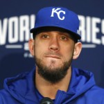 Kansas City Royals starting pitcher James Shields listens to a question during a news conference at Kauffman Stadium in Kansas City, Mo., Monday, Oct. 20, 2014. The Kansas City Royals will host the San Francisco Giants in Game 1 of the World Series on Oct. 21. (AP Photo/Orlin Wagner)