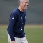Seattle Seahawks' head coach Pete Carroll laughs during a team practice for NFL Super Bowl XLIX football game, Wednesday, Jan. 28, 2015, in Tempe, Ariz. The Seahawks play the New England Patriots in Super Bowl XLIX on Sunday, Feb. 1, 2015. (AP Photo/Matt York)
