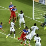 United States' John Brooks, second from left, scores his side's second goal during the group G World Cup soccer match between Ghana and the United States at the Arena das Dunas in Natal, Brazil, Monday, June 16, 2014. (AP Photo/Hassan Ammar)
