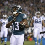  Philadelphia Eagles' Darren Sproles reacts after scoring a touchdown during the first half of an NFL football game against the Carolina Panthers, Monday, Nov. 10, 2014, in Philadelphia. (AP Photo/Matt Rourke)