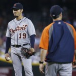 Detroit Tigers starting pitcher Anibal Sanchez (19) is taken out of the game by manager Brad Ausmus against the Arizona Diamondbacks during the seventh inning of a baseball game, Wednesday, July 23, 2014, in Phoenix. (AP Photo/Matt York)