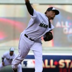 American League pitcher Felix Hernandez, of the Seattle Mariners, delivers the ball during the first inning of the MLB All-Star baseball game, Tuesday, July 15, 2014, in Minneapolis. (AP Photo/Jim Mone)