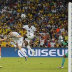  France's Paul Pogba, center, heads the ball past the goal during the group E World Cup soccer match between Ecuador and France at the Maracana stadium in Rio de Janeiro, Brazil, Wednesday, June 25, 2014. (AP Photo/David Vincent)