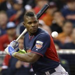  National League's Yasiel Puig, of the Los Angeles Dodgers, hits during the MLB All-Star baseball Home Run Derby, Monday, July 14, 2014, in Minneapolis. (AP Photo/Jeff Roberson)