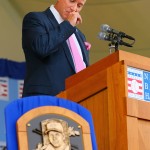  Tom Glavine fights back his emotions as he takes the podium for his speech during the National Baseball Hall of Fame induction ceremony at Clark Sports Center on Sunday, July 27, 2014, in Cooperstown, N.Y. (AP Photo/Atlanta Journal Constitution, Curtis Compton)