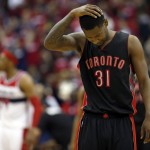 Toronto Raptors forward Terrence Ross (31) reacts during the second half of Game 3 in the first round of the NBA basketball playoffs against the Washington Wizards, Friday, April 24, 2015, in Washington. The Wizards won 106-99. (AP Photo/Alex Brandon)