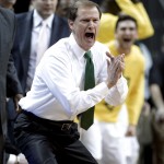 Oregon coach Dana Altman reacts from the bench during the first half of an NCAA college basketball game against Arizona State in Eugene, Ore., Tuesday, March 4, 2014. (AP Photo/Don Ryan)
