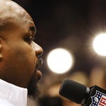 New England Patriots' Vince Wilfork answers a question during media day for NFL Super Bowl XLIX football game Tuesday, Jan. 27, 2015, in Phoenix. (AP Photo/Matt York)
