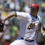 Oakland Athletics' Tommy Milone works against the Toronto Blue Jays in the first inning of a baseball game on Friday, July 4, 2014, in Oakland, Calif. (AP Photo/Ben Margot)