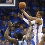  Oklahoma City Thunder guard Russell Westbrook (0) shoots in front of Memphis Grizzlies guard Tony Allen (9) in the second quarter of Game 2 of an opening-round NBA basketball playoff series in Oklahoma City, Monday, April 21, 2014. (AP Photo/Sue Ogrocki)