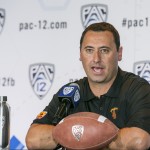 Southern California head coach Steve Sarkisian takes questions at the4 Pac-12 NCAA college football media days at Paramount Studios in Los Angeles, Wednesday, July 23, 2014. (AP Photo)