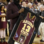 Houston Rockets and former Arizona State guard James Harden is acknowledged at half time of an NCAA college basketball game against UCLA, Wednesday, Feb. 18, 2015, in Tempe, Ariz. Arizona State was retiring Harden's #13 jersey. (AP Photo/Rick Scuteri)