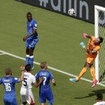  Italy's goalkeeper Gianluigi Buffon, right, deflects a ball during the group D World Cup soccer match between Italy and Costa Rica at the Arena Pernambuco in Recife, Brazil, Friday, June 20, 2014. (AP Photo/Hassan Ammar)