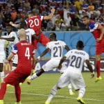 United States' John Brooks, right, heads the ball to score his side's second goal during the group G World Cup soccer match between Ghana and the United States at the Arena das Dunas in Natal, Brazil, Monday, June 16, 2014. (AP Photo/Petr David Josek)