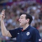 Mike Krzuzewski head coach of the U.S gestures during Basketball World Cup Round of 16 match against Mexico between United States and Mexico at the Palau Sant Jordi in Barcelona, Spain, Saturday, Sept. 6, 2014. The 2014 Basketball World Cup competition will take place in various cities in Spain from Aug. 30 through to Sept. 14. (AP Photo/Manu Fernandez)