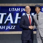 Dante Exum, right, poses for a photo with NBA Commissioner Adam Silver after being selected by the Utah Jazz as the fifth overall pick during the 2014 NBA draft, Thursday, June 26, 2014, in New York. (AP Photo/Kathy Willens)