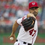 Washington Nationals starting pitcher Gio Gonzalez delivers during the first inning of a baseball game against the Arizona Diamondbacks on Thursday, Aug. 21, 2014, in Washington. (AP Photo/Evan Vucci)