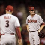Arizona Diamondbacks starting pitcher Archie Bradley, right, waits on the mound to be removed by manager Chip Hale during the fourth inning of a baseball game against the St. Louis Cardinals on Tuesday, May 26, 2015, in St. Louis. (AP Photo/Jeff Roberson)