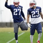 New England Patriots strong safety Tavon Wilson (27) and strong safety Patrick Chung (23) warm up during practice Friday, Jan. 30, 2015, in Tempe, Ariz. The Patriots play the Seattle Seahawks in NFL football Super Bowl XLIX Sunday, Feb. 1. (AP Photo/Mark Humphrey)