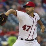 Washington Nationals starting pitcher Gio Gonzalez delivers a pitch during during the fourth inning of a baseball game against the Arizona Diamondbacks on Thursday, Aug. 21, 2014, in Washington. The Nationals defeated the Diamondbacks 1-0. (AP Photo/Evan Vucci)