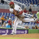 Arizona Diamondbacks starting pitcher Rubby De La Rosa throws to the Miami Marlins during the first inning of a baseball game in Miami, Monday, May 18, 2015. (AP Photo/J Pat Carter)
