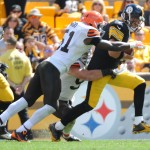 Pittsburgh Steelers quarterback Ben Roethlisberger (7) is sacked by Cleveland Browns outside linebacker Barkevious Mingo (51) in the third quarter of the NFL football game on Sunday, Sept. 7, 2014 in Pittsburgh. (AP Photo/Don Wright)