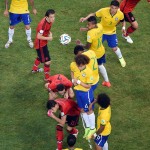 Brazilian players block a free kick during the group A World Cup soccer match between Brazil and Mexico at the Arena Castelao in Fortaleza, Brazil, Tuesday, June 17, 2014. (AP Photo/Francois Xavier Marit, pool)