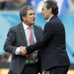  Costa Rica's head coach Jorge Luis Pinto, left, greets Italy's head coach Cesare Prandelli after the group D World Cup soccer match between Italy and Costa Rica at the Arena Pernambuco in Recife, Brazil, Friday, June 20, 2014. Costa Rica won the match 1-0. (AP Photo/Antonio Calanni)