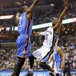  Memphis Grizzlies guard Mike Conley (11) drives against Oklahoma City Thunder forward Serge Ibaka (9) in the first half of Game 6 of an opening-round NBA basketball playoff series Thursday, May 1, 2014, in Memphis, Tenn. (AP Photo/Mark Humphrey)