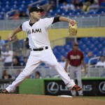 Miami Marlins starting pitcher David Phelps (41) throws to the Arizona Diamondbacks during the first inning of a baseball game in Miami, Wednesday, May 20, 2015. (AP Photo/J Pat Carter)